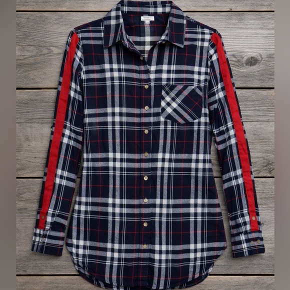 Polly & Esther Plaid Button-Down Shirt Navy Red White Flannel Top Stripe Sleeve - Picture 4 of 5